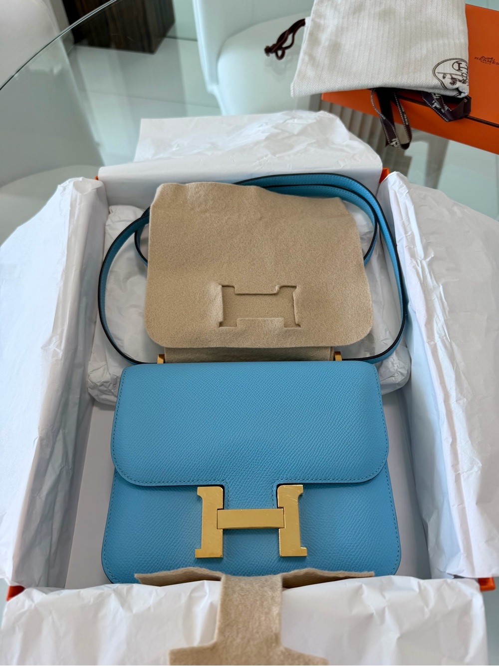 Hermes Constance Mini 18 Bag in Celeste Blue with Gold Hardware *FULL SET*